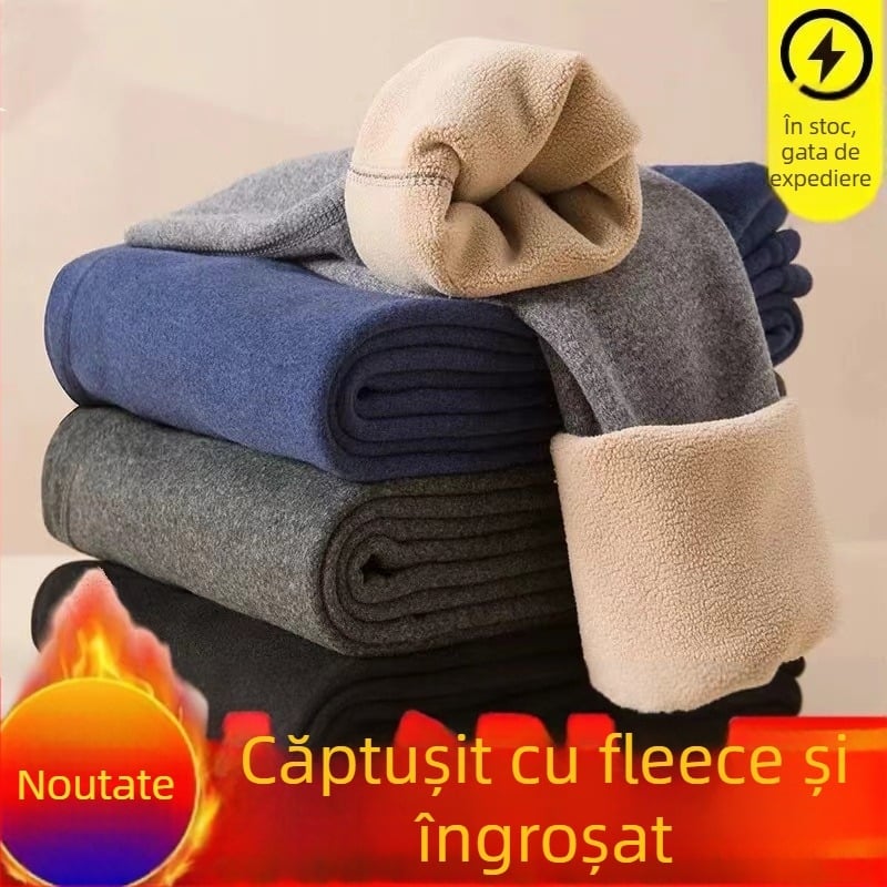 Pantaloni termici unisex din lână de miel, căptușiți cu fleece, cu dublu strat încălzit, țesătură cationică anti-piling