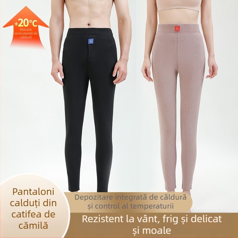 Pantaloni termici unisex din lână de miel, căptușiți cu fleece, cu dublu strat încălzit, țesătură cationică anti-piling