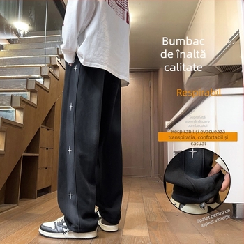 Pantaloni sport din bumbac cu căptușeală de fleece, croială dreaptă, talie medie, toamnă