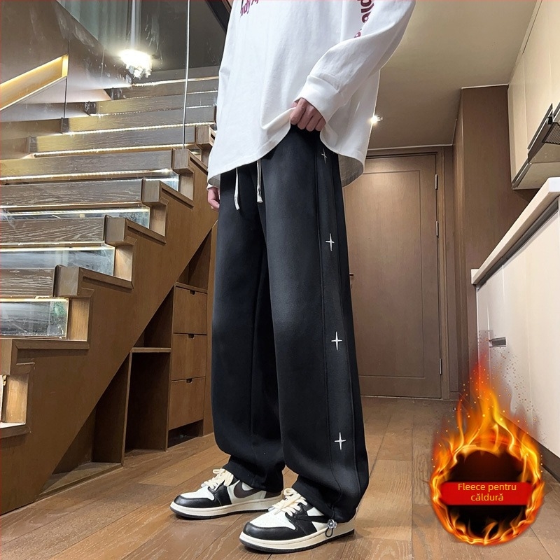 Pantaloni sport din bumbac cu căptușeală de fleece, croială dreaptă, talie medie, toamnă