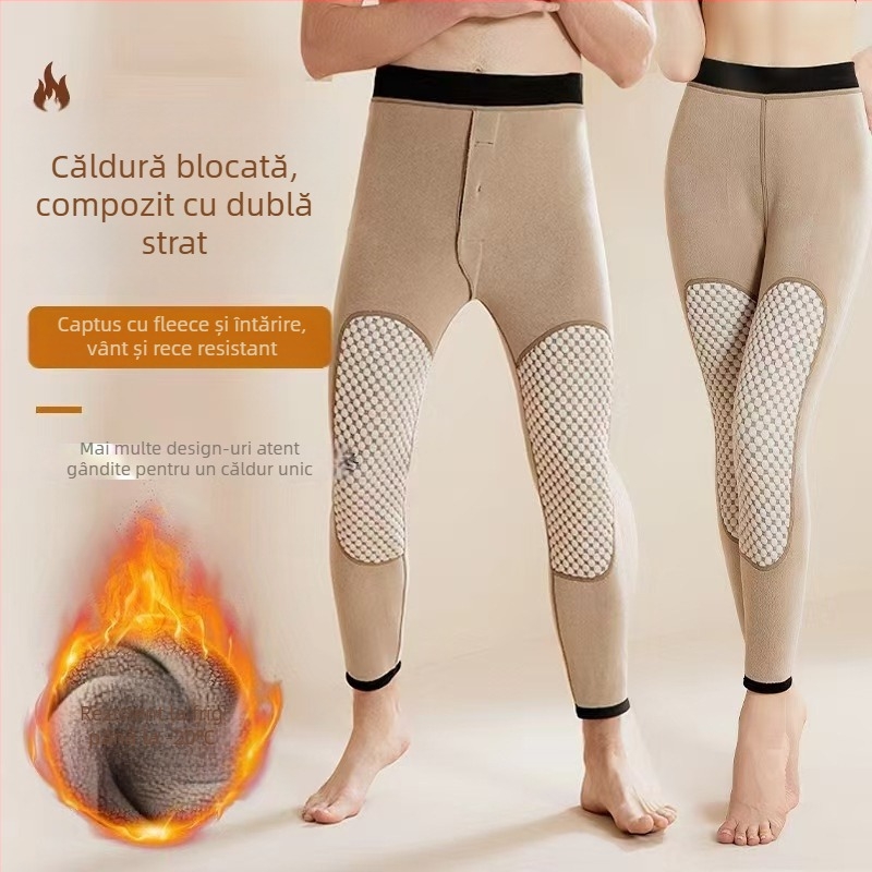 Pantaloni termici grafeni cu căptușeală de fleece, talie înaltă, dublu strat din poliester, protecție pentru genunchi și talie