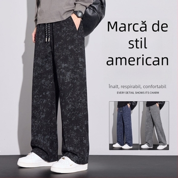 Pantaloni casual pentru bărbați – Tie-Dye cu fulgi de zăpadă, căptuți cu fleece, talie medie, cu curea, croială dreptă