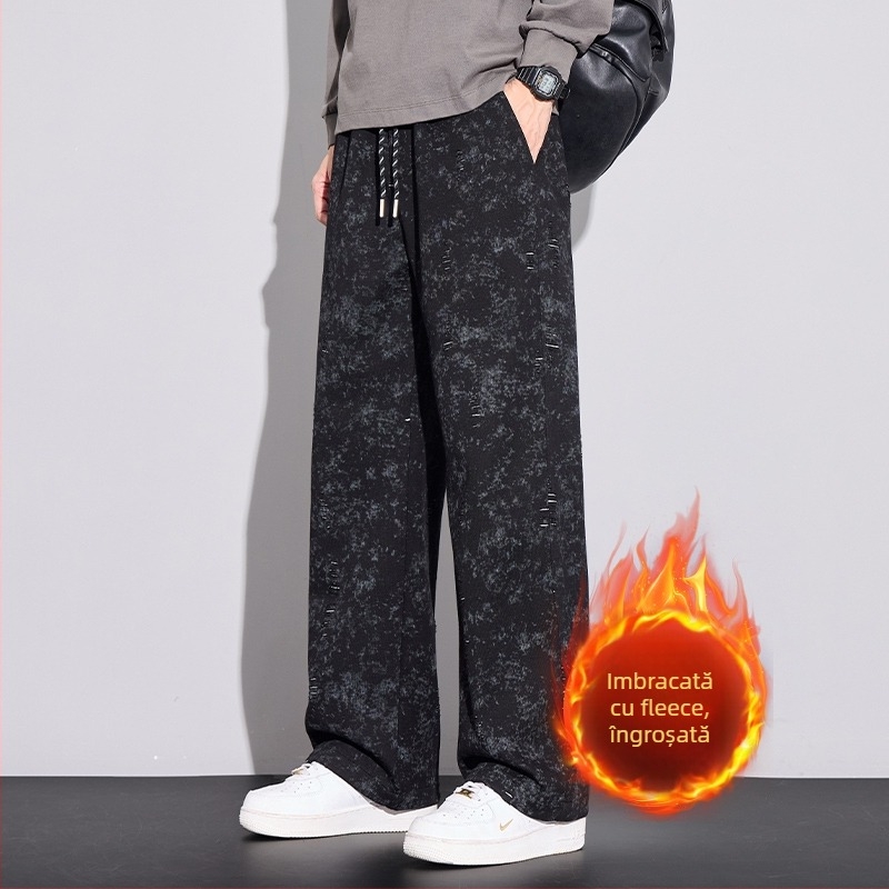 Pantaloni casual pentru bărbați – Tie-Dye cu fulgi de zăpadă, căptuți cu fleece, talie medie, cu curea, croială dreptă