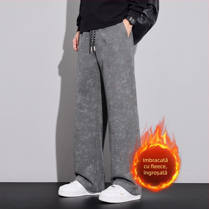 Pantaloni casual pentru bărbați – Tie-Dye cu fulgi de zăpadă, căptuți cu fleece, talie medie, cu curea, croială dreptă