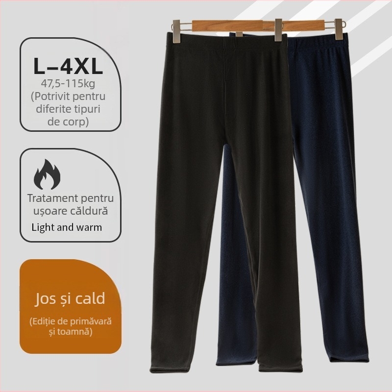 Pantaloni termici antibacterieni pentru bărbați, talie medie, căptușiți cu fleece, țesătură groasă de poliester, croială slim