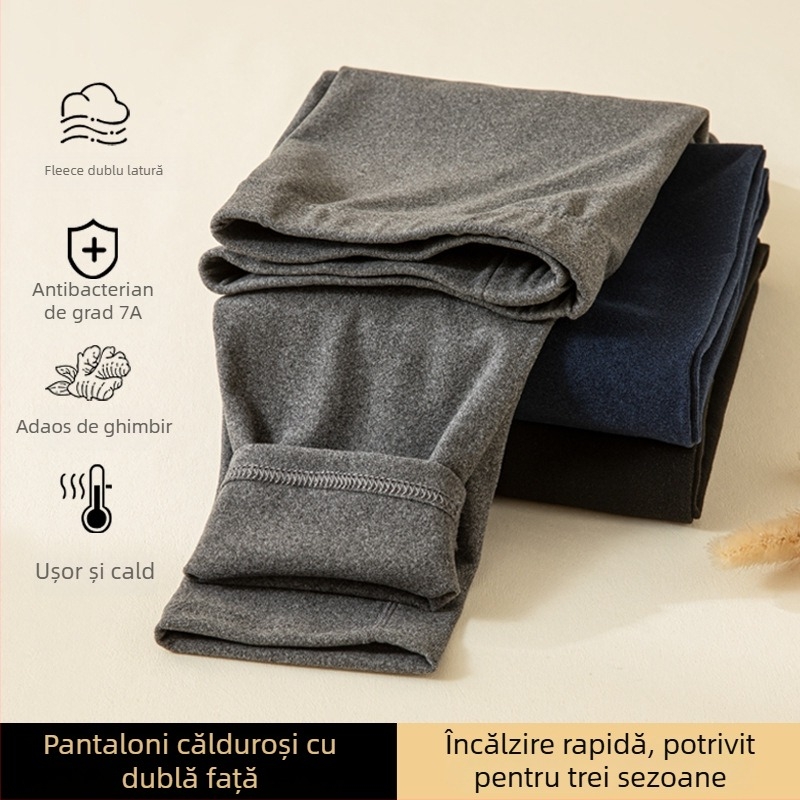 Pantaloni termici antibacterieni pentru bărbați, talie medie, căptușiți cu fleece, țesătură groasă de poliester, croială slim