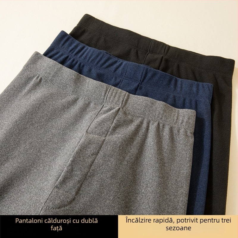 Pantaloni termici antibacterieni pentru bărbați, talie medie, căptușiți cu fleece, țesătură groasă de poliester, croială slim