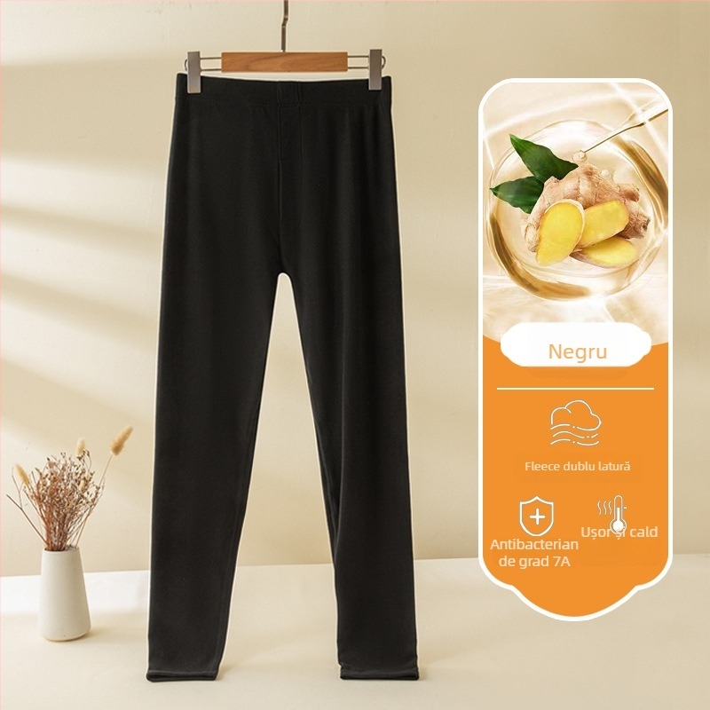 Pantaloni termici antibacterieni pentru bărbați, talie medie, căptușiți cu fleece, țesătură groasă de poliester, croială slim