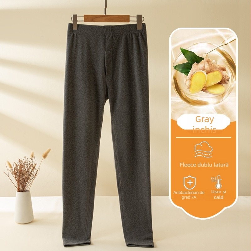 Pantaloni termici antibacterieni pentru bărbați, talie medie, căptușiți cu fleece, țesătură groasă de poliester, croială slim