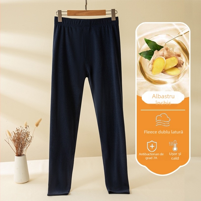 Pantaloni termici antibacterieni pentru bărbați, talie medie, căptușiți cu fleece, țesătură groasă de poliester, croială slim