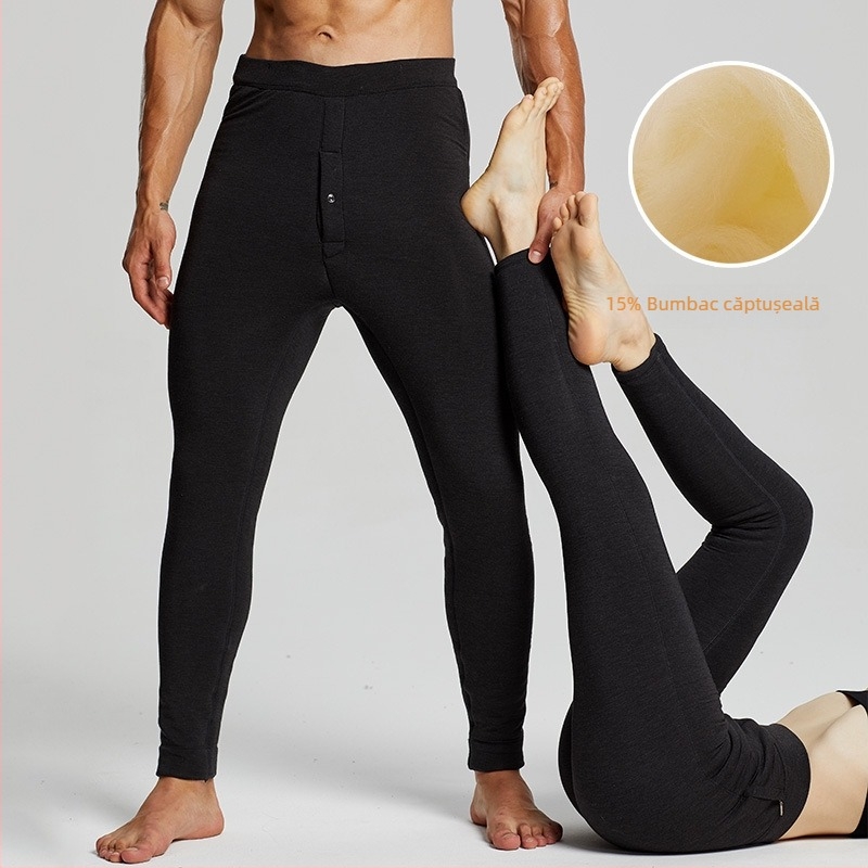 Pantaloni termici unisex din lână, căptușiți cu fleece, trei straturi, talie înaltă, 95–100% lână