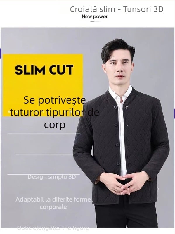 Jachetă de iarnă din bumbac, căptușită cu fleece, guler înalt, mâneci lungi, croială normală, buzunare laterale, închidere cu nasturi, lungime normală