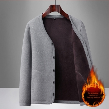 Cardigan de iarnă pentru bărbați, căptușit cu fleece, material poliester, mâneci lungi, guler rotund, pentru bărbați de vârstă mijlocie și în vârstă
