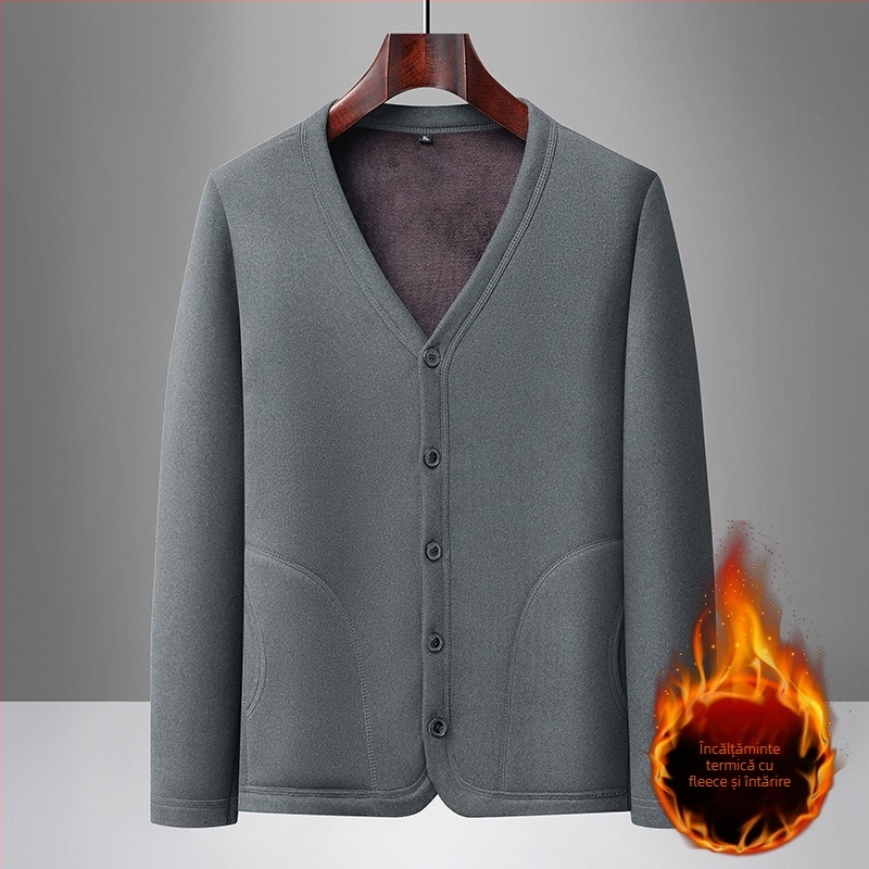 Cardigan de iarnă pentru bărbați, căptușit cu fleece, material poliester, mâneci lungi, guler rotund, pentru bărbați de vârstă mijlocie și în vârstă