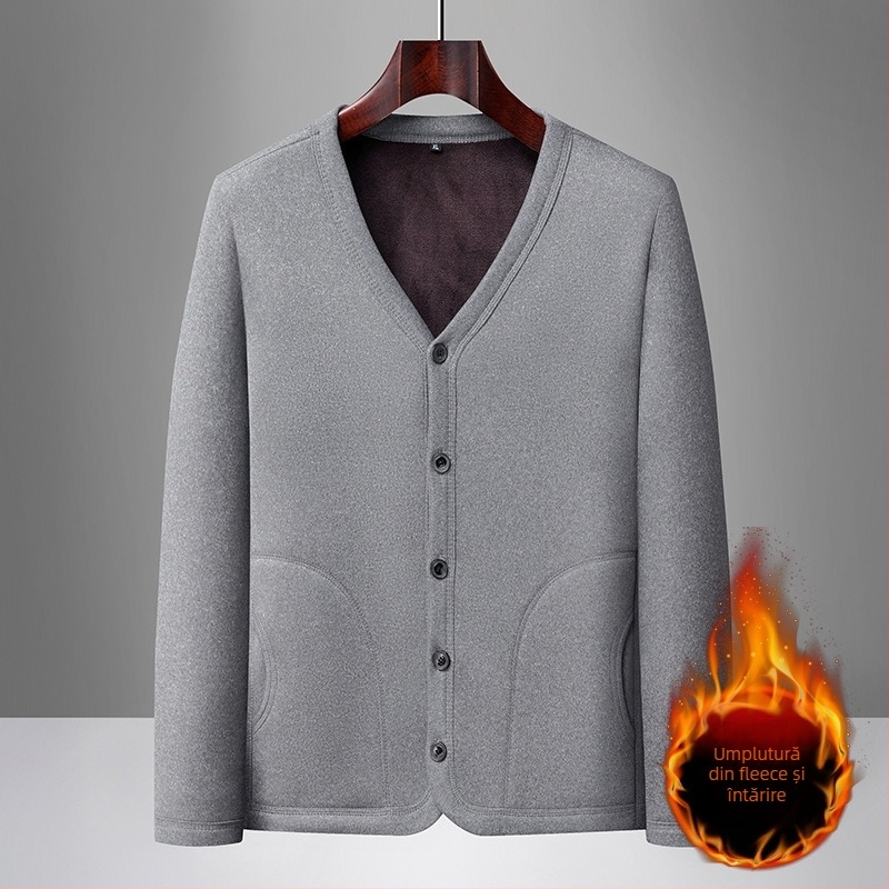 Cardigan de iarnă pentru bărbați, căptușit cu fleece, material poliester, mâneci lungi, guler rotund, pentru bărbați de vârstă mijlocie și în vârstă