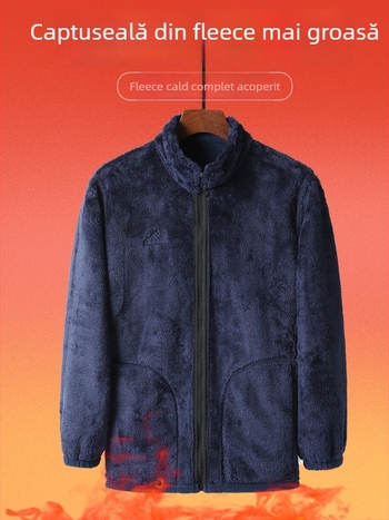 Geacă de iarnă pentru bărbați, căptușită cu fleece, mâneci lungi, guler înalt, fermoar, lungime normală