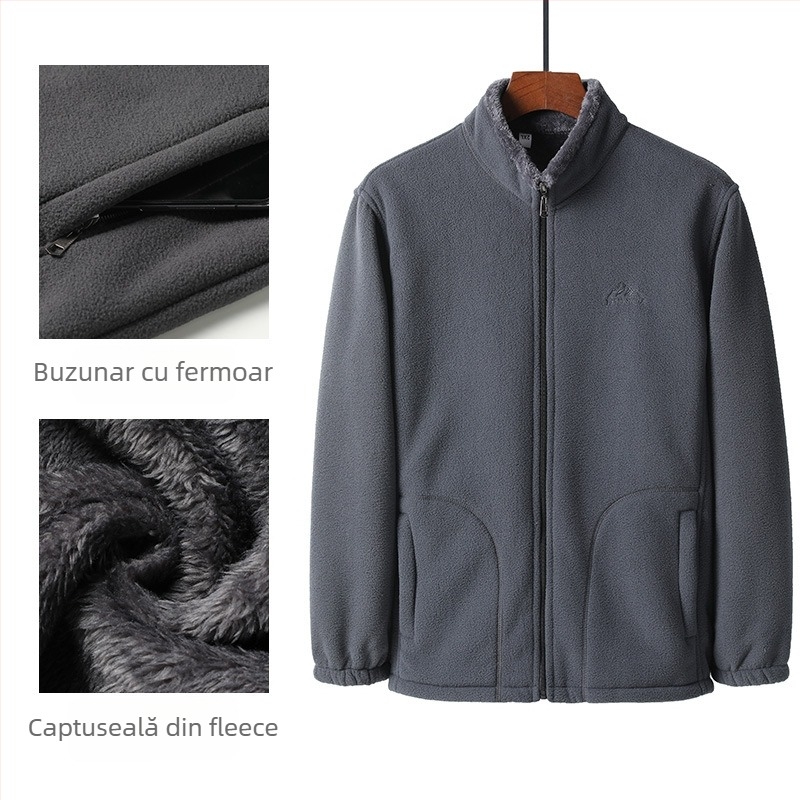 Geacă de iarnă pentru bărbați, căptușită cu fleece, mâneci lungi, guler înalt, fermoar, lungime normală