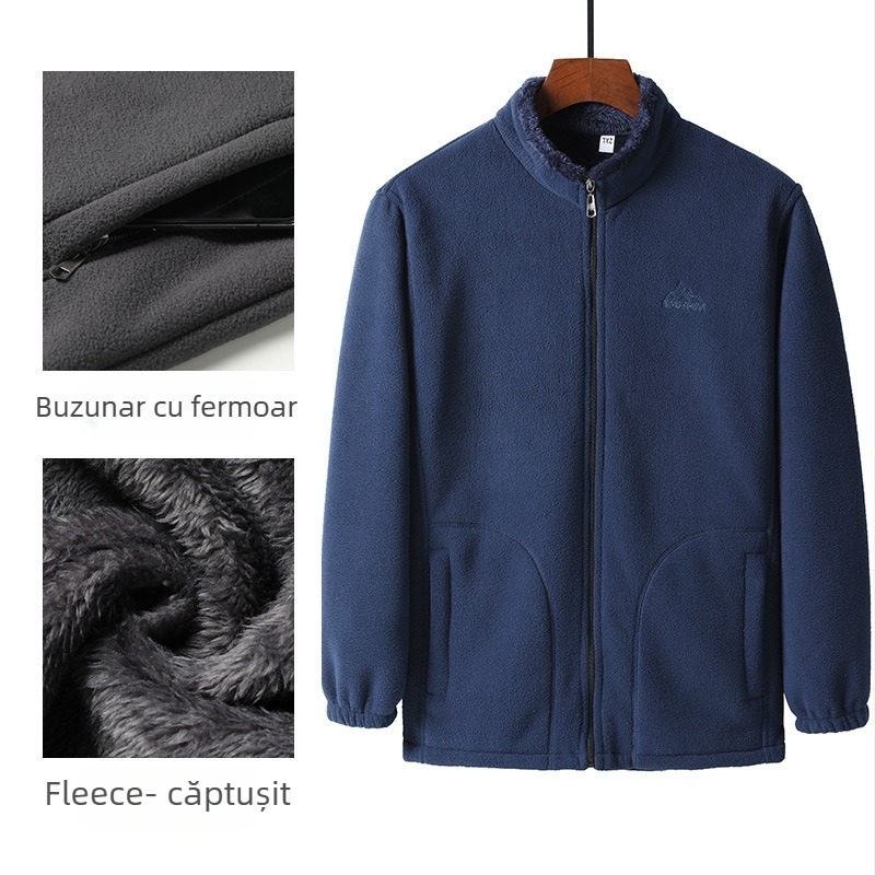 Geacă de iarnă pentru bărbați, căptușită cu fleece, mâneci lungi, guler înalt, fermoar, lungime normală