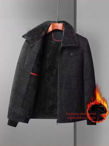 Jachetă Chenille pentru bărbați de vârstă mijlocie și în vârstă, exterior de iarnă din poliester cu căptușeală fleece, închidere cu nasturi într-un rând