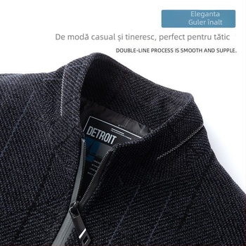 Sacou de bărbați din amestec de in pentru primăvară–toamnă, cu guler înălțat, fermoar, croială lejeră, buzunare multiple