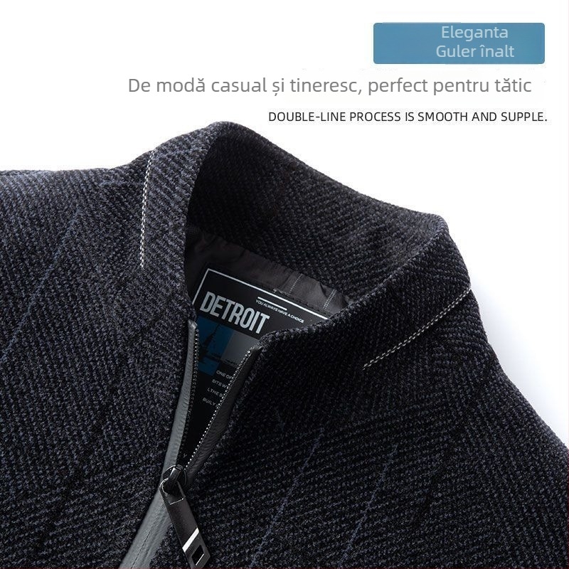 Sacou de bărbați din amestec de in pentru primăvară–toamnă, cu guler înălțat, fermoar, croială lejeră, buzunare multiple