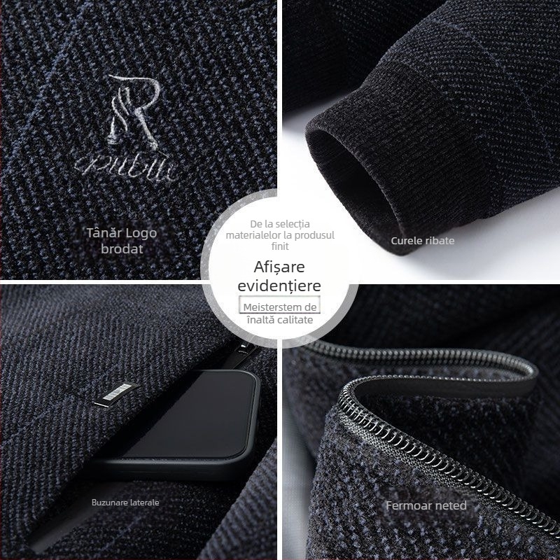 Sacou de bărbați din amestec de in pentru primăvară–toamnă, cu guler înălțat, fermoar, croială lejeră, buzunare multiple