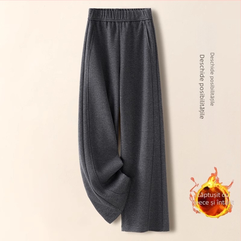 Pantaloni dama cu croială largă, talie înaltă, căptușeală groasă de fleece, poliester cu imitație de cașmir și spandex, microelasticitate