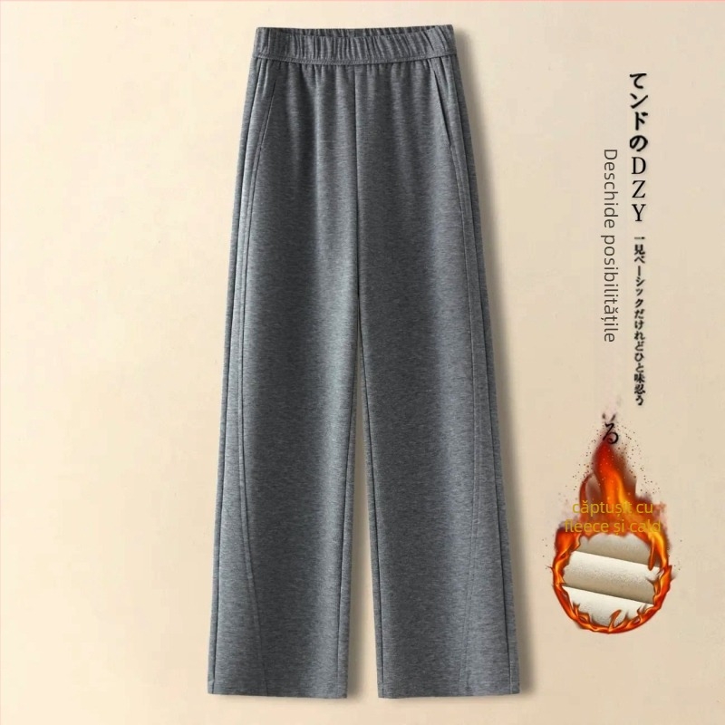 Pantaloni dama cu croială largă, talie înaltă, căptușeală groasă de fleece, poliester cu imitație de cașmir și spandex, microelasticitate