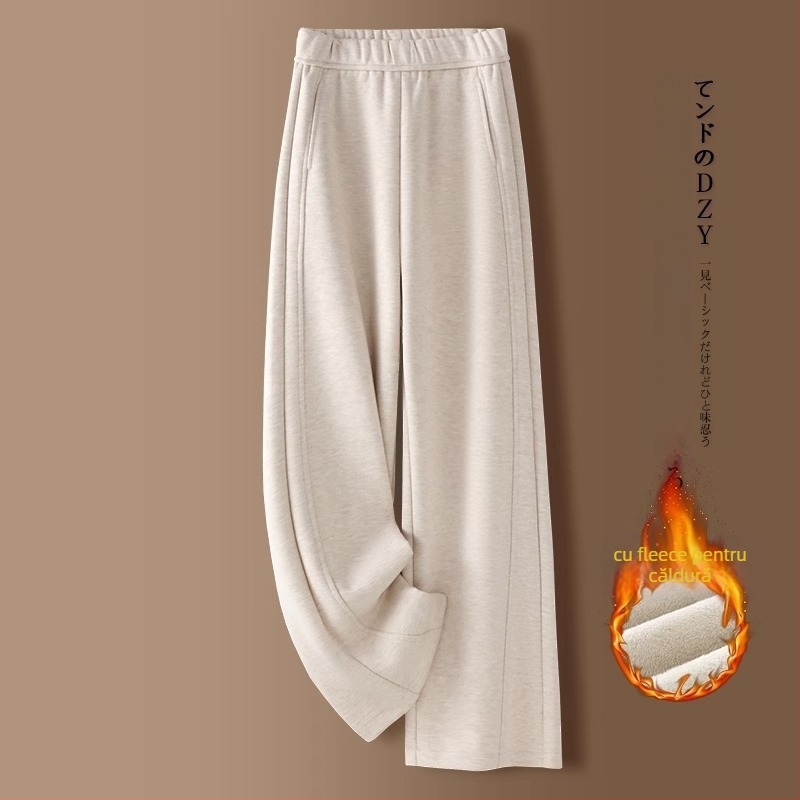 Pantaloni dama cu croială largă, talie înaltă, căptușeală groasă de fleece, poliester cu imitație de cașmir și spandex, microelasticitate
