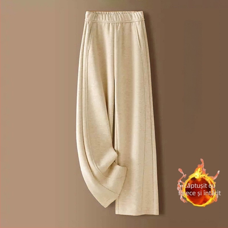 Pantaloni dama cu croială largă, talie înaltă, căptușeală groasă de fleece, poliester cu imitație de cașmir și spandex, microelasticitate