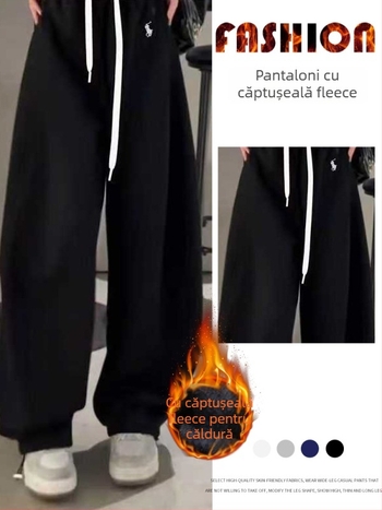 Pantaloni femei cu croială evazată, broderie și patchwork, amestec bumbac-poliester, talie înaltă, stil casual