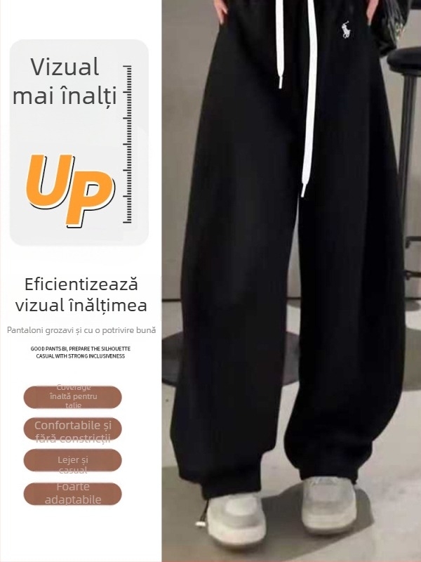Pantaloni femei cu croială evazată, broderie și patchwork, amestec bumbac-poliester, talie înaltă, stil casual
