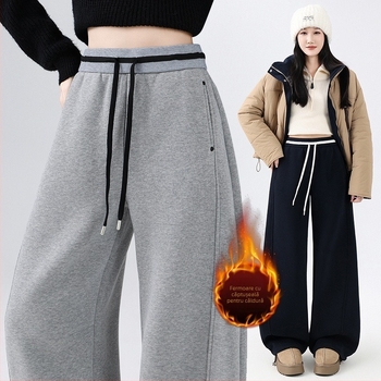 Pantaloni casual din bumbac cu căptușeală de fleece, 65% bumbac / 35% poliester, talie înaltă, croială lejeră, lungi, pentru iarnă