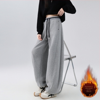 Pantaloni casual din bumbac cu căptușeală de fleece, 65% bumbac / 35% poliester, talie înaltă, croială lejeră, lungi, pentru iarnă