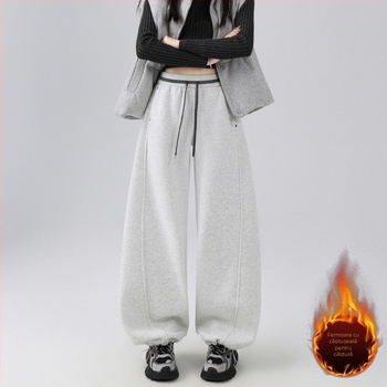 Pantaloni casual din bumbac cu căptușeală de fleece, 65% bumbac / 35% poliester, talie înaltă, croială lejeră, lungi, pentru iarnă