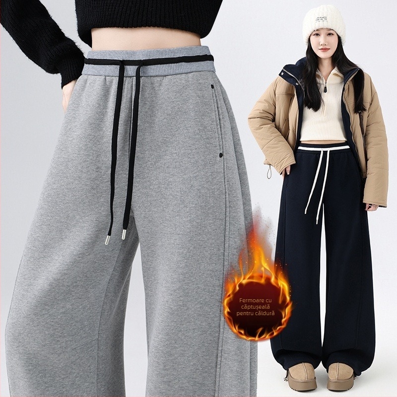 Pantaloni casual din bumbac cu căptușeală de fleece, 65% bumbac / 35% poliester, talie înaltă, croială lejeră, lungi, pentru iarnă