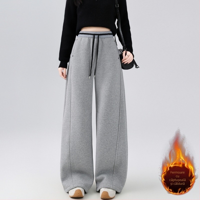 Pantaloni casual din bumbac cu căptușeală de fleece, 65% bumbac / 35% poliester, talie înaltă, croială lejeră, lungi, pentru iarnă