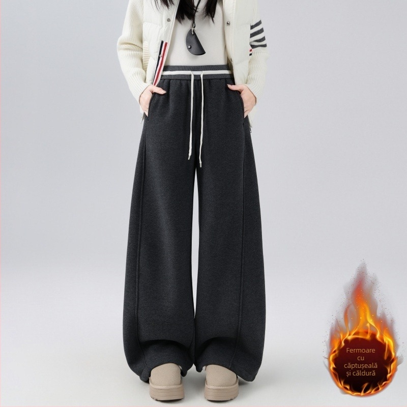 Pantaloni casual din bumbac cu căptușeală de fleece, 65% bumbac / 35% poliester, talie înaltă, croială lejeră, lungi, pentru iarnă
