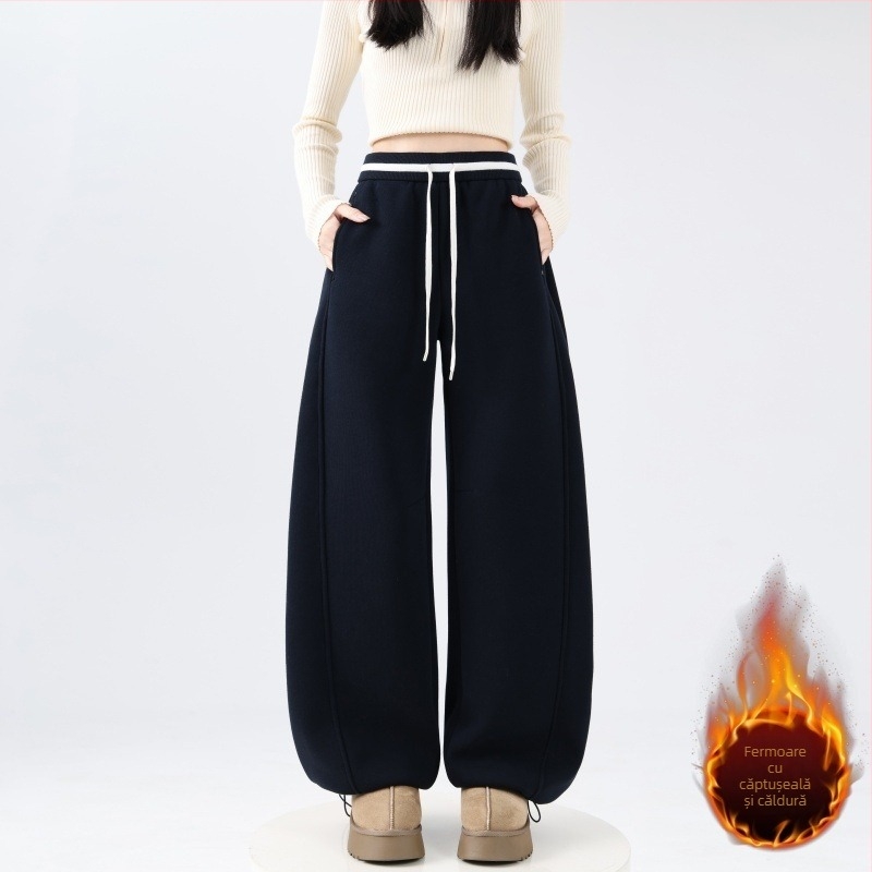 Pantaloni casual din bumbac cu căptușeală de fleece, 65% bumbac / 35% poliester, talie înaltă, croială lejeră, lungi, pentru iarnă