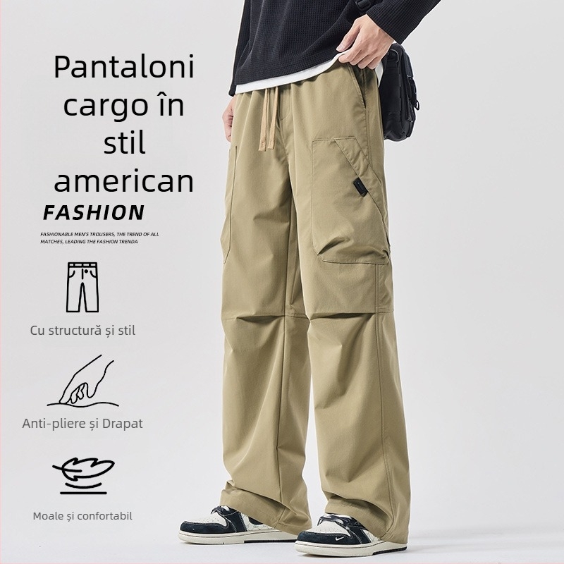 Pantaloni de lucru cargo pentru bărbați, croială lejeră, talie medie, închidere cu șiret, poliester