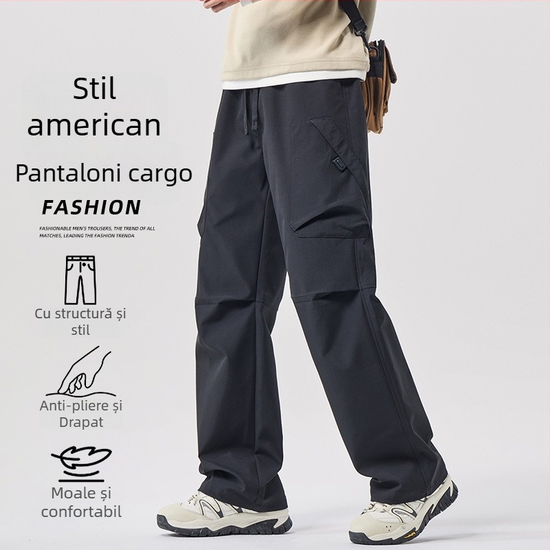Pantaloni de lucru cargo pentru bărbați, croială lejeră, talie medie, închidere cu șiret, poliester