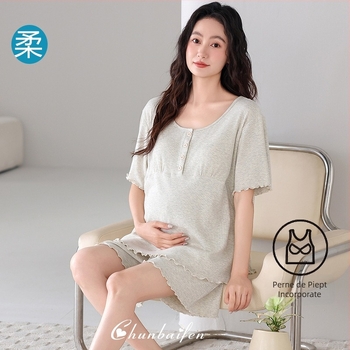 Set de pijamale pentru femei însărcinate, vară: amestec modal-cotton ușor, cu pernă pentru sân, mâneci trei sferturi și pantaloni scurți, pentru alăptare