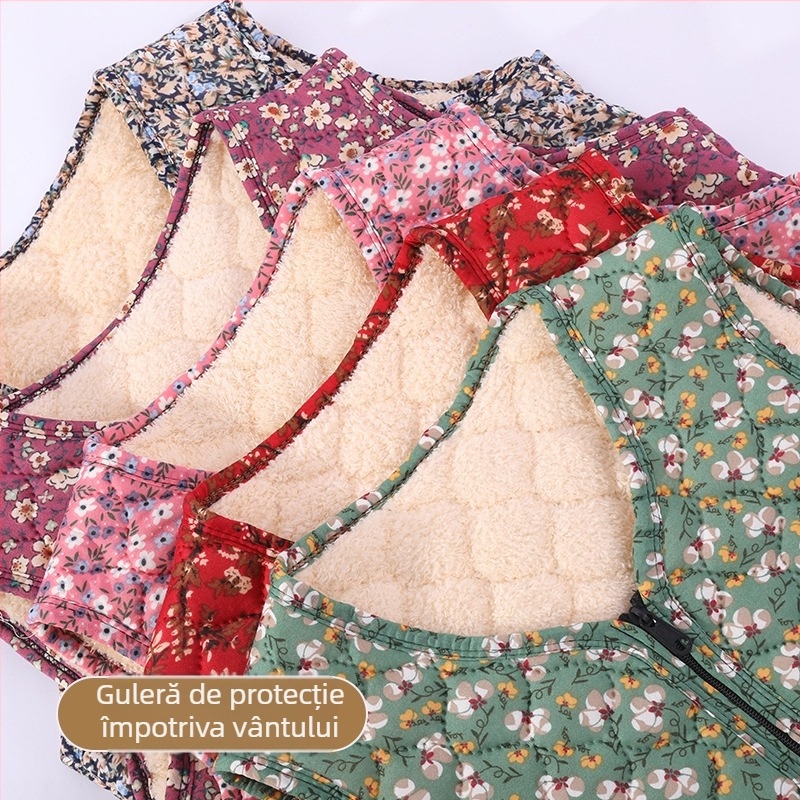 Vesta cu căptușeală din fleece pentru femei, model floral, stil casual japonez/coreean, amestec poliester 50–70%