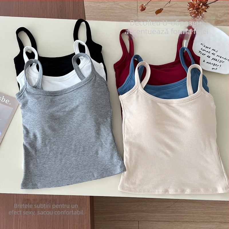 Camisolă din viscose cu pernă pentru bust, căptușită cu fleece, guler pătrat, croială slim