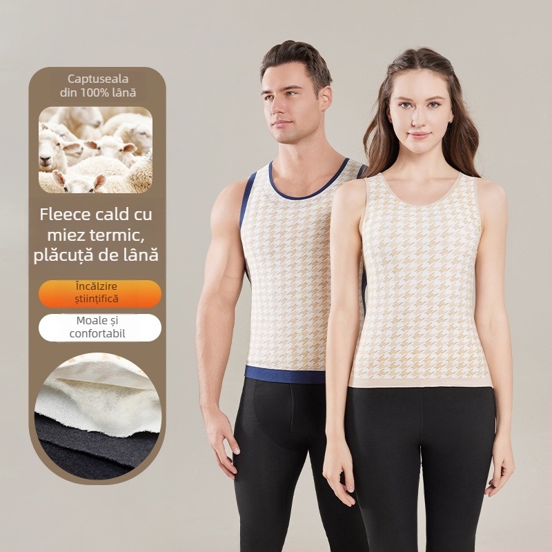 Vesta termică unisex din lână 100%, fără cusături, pulover cu guler rotund