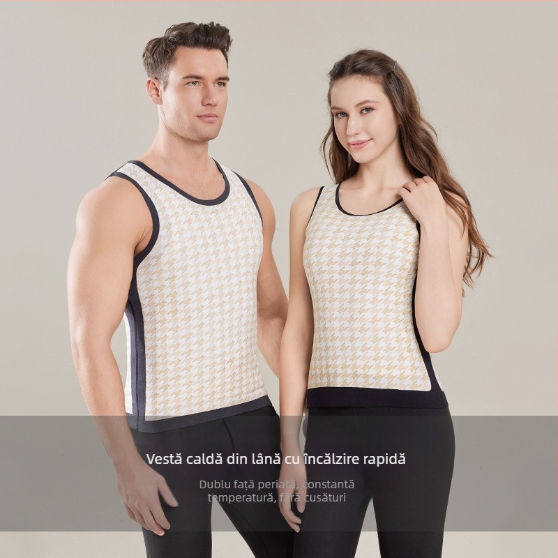 Vesta termică unisex din lână 100%, fără cusături, pulover cu guler rotund