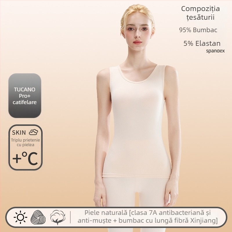 Vesta termică din bumbac pentru femei – țesătură groasă 201–250 g/m2, un singur strat, guler rotund, potrivită ca strat de bază și pentru purtare în exterior
