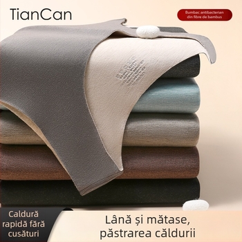 Vesta termică pentru bărbați, căptușeală de fleece, dublu strat, material lână-mătase, glugă, guler rotund