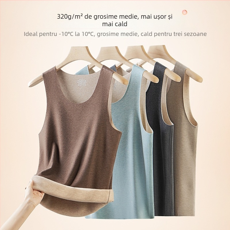 Vesta termică pentru bărbați, căptușeală de fleece, dublu strat, material lână-mătase, glugă, guler rotund