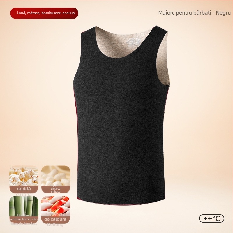 Vesta termică pentru bărbați, căptușeală de fleece, dublu strat, material lână-mătase, glugă, guler rotund